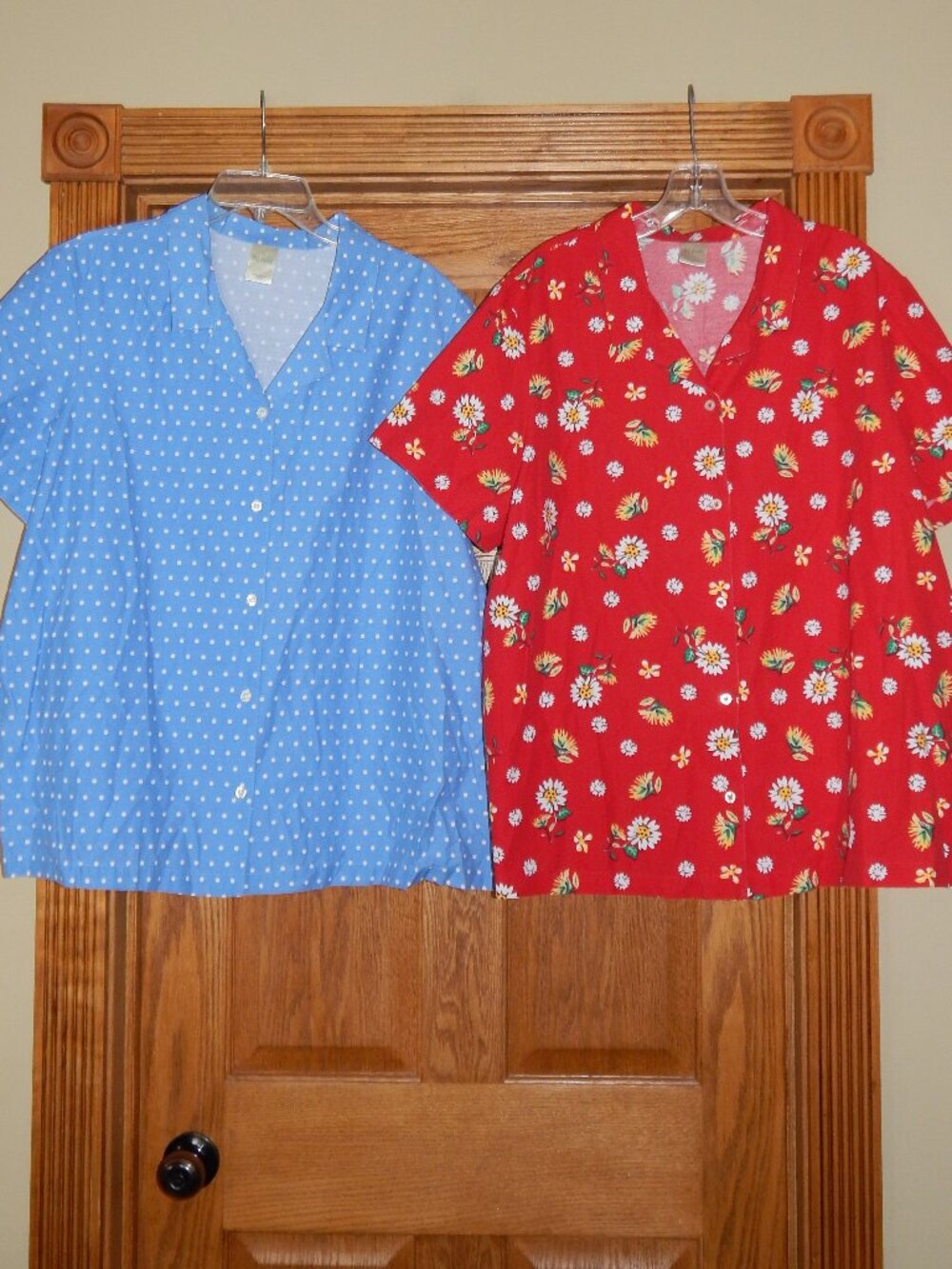 LOT 2 Plus Size Women's 2X Button Front Shirt by BLAIR Blue Polka Dot & Floral